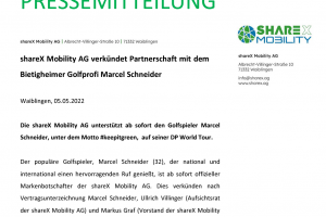 shareX Mobility AG verkündet Partnerschaft mit dem Bietigheimer Golfprofi Marcel Schneider